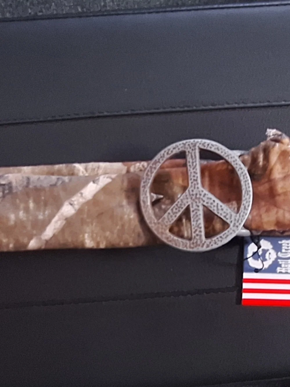 Men's Custom Camo Canvas Belt with Peace Sign Buckle — Brown Camo